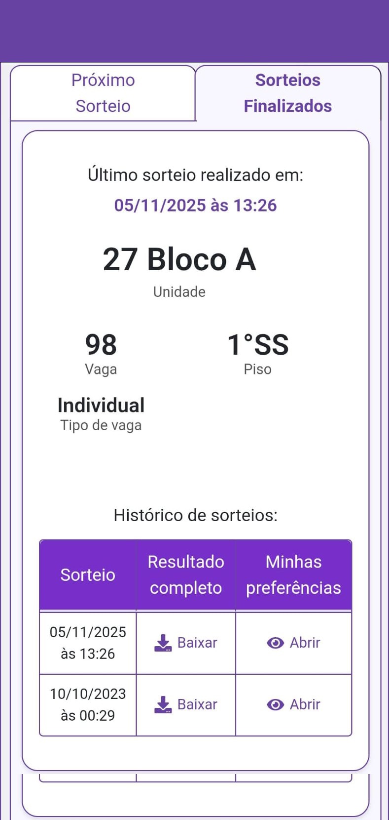 Relatório final do sorteio com resultados em tempo real